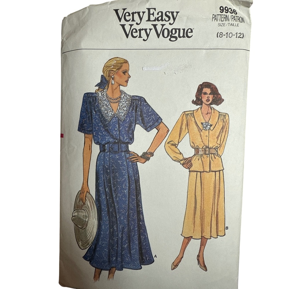 Very Vogue 1980s Pattern 9936 Misses Top Skirt Dress‎ Pattern Size 8 10 12 Uncut